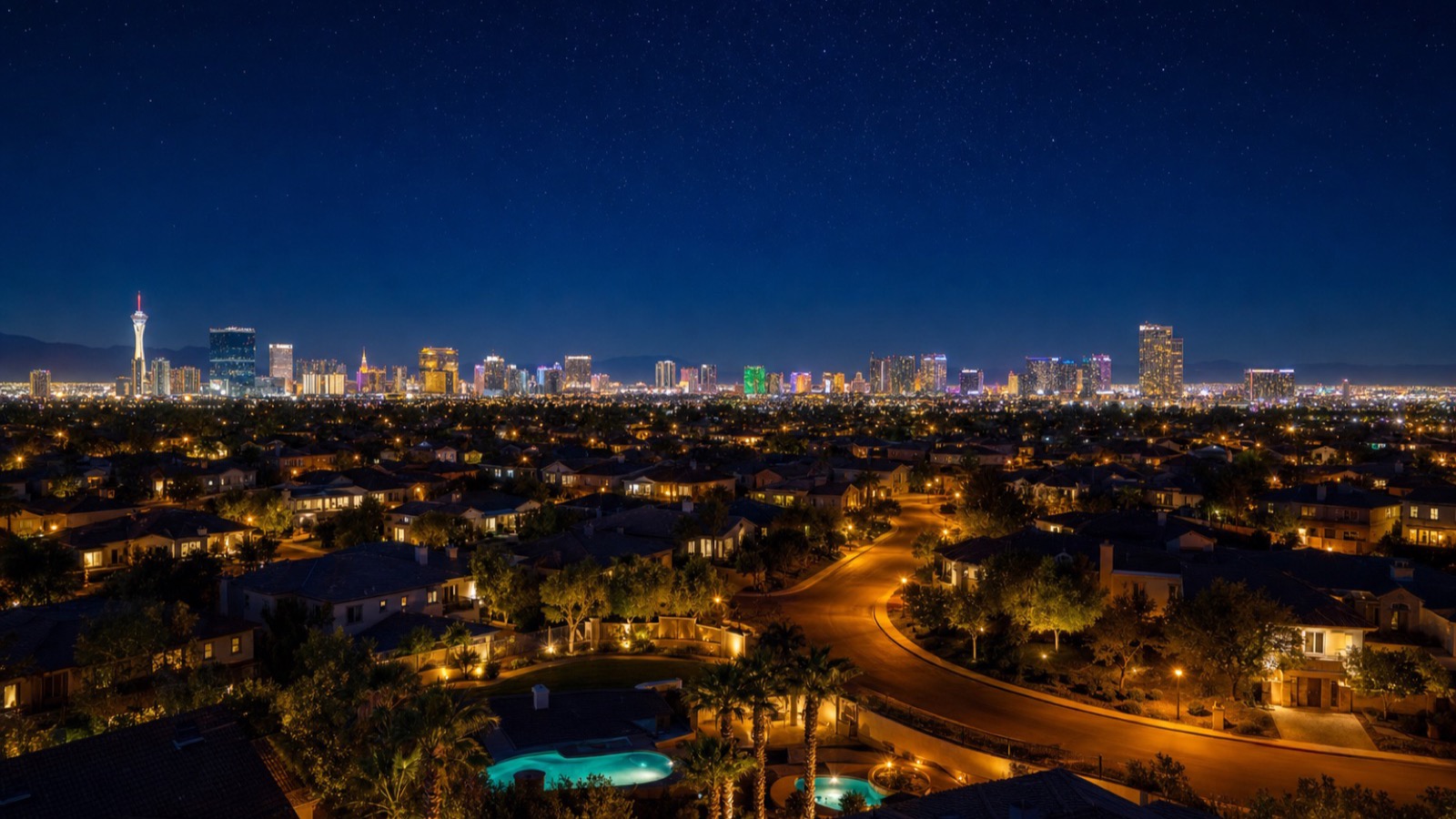 Allure Las Vegas Sahara Avenue corridor context showing the building's positioning relative to the Stratosphere and the broader north Strip